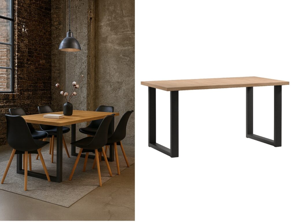Industrial Dining Table 4 6 Seater Minimalist Compact Small Kitchen Table Black Metal Legs Slim Oak Top - Loft