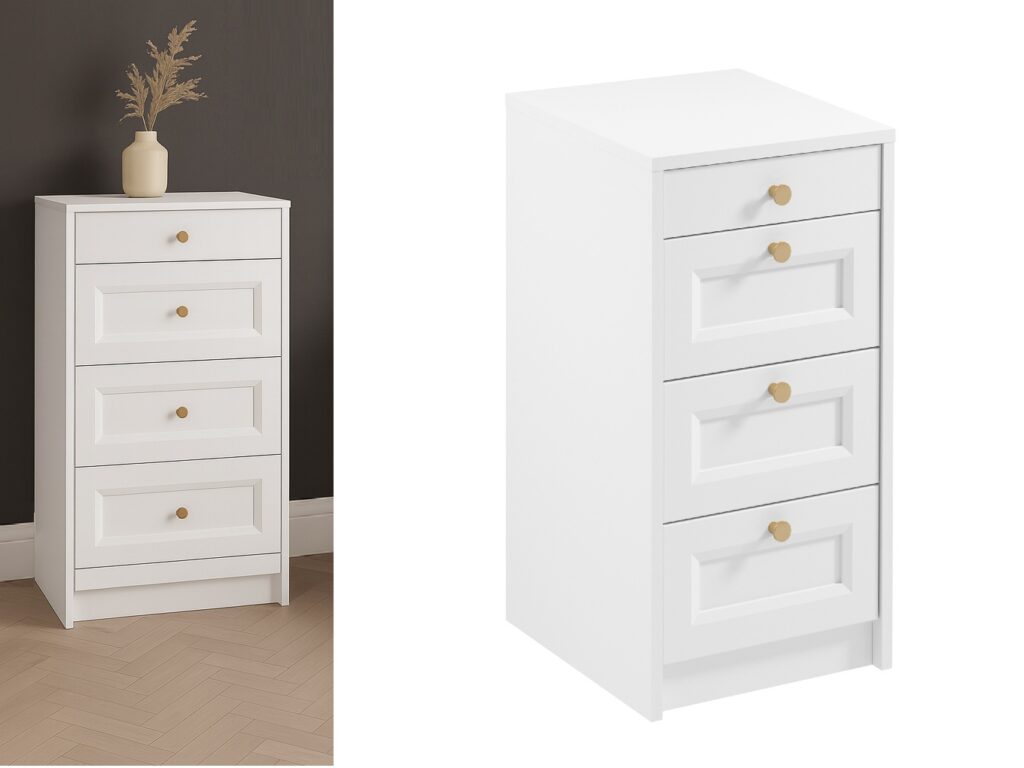 Narrow Chest of Drawers White Bedroom Storage Small Cabinet Slim Compact 40cm Shaker Unit Gold Handles - Rel