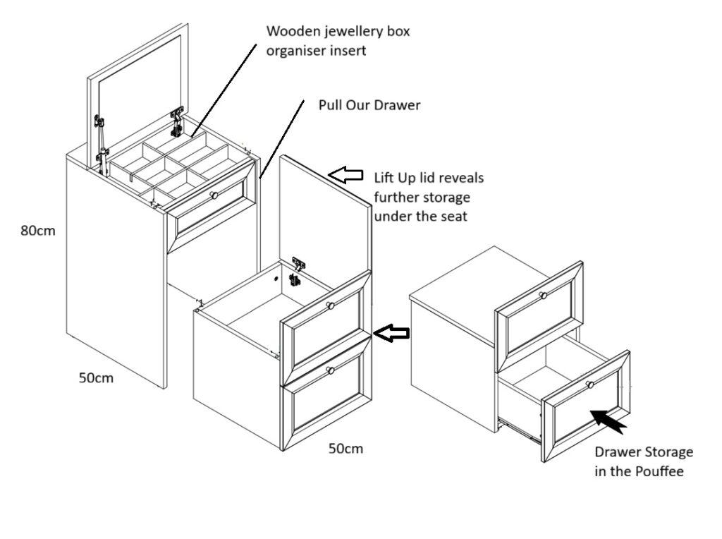 Narrow Dressing Table Stool with Storage Mirror Jewellery Box Small White Vanity Desk 50cm Unit Gold Handles - Rel