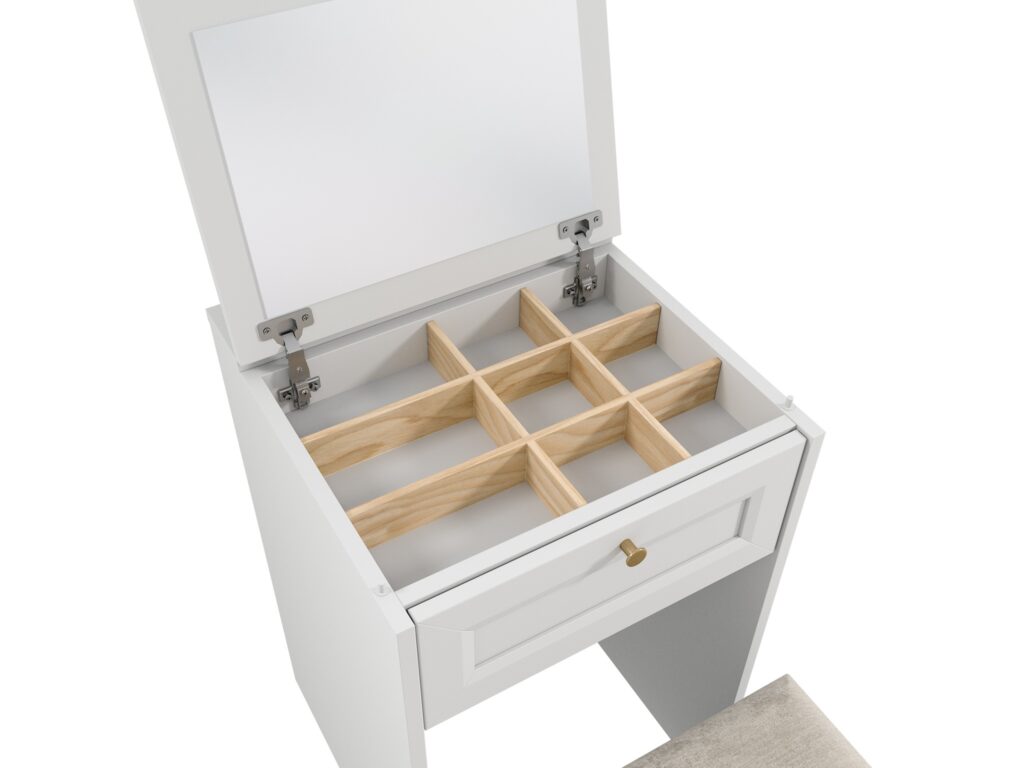 Narrow Dressing Table Stool with Storage Mirror Jewellery Box Small White Vanity Desk 50cm Unit Gold Handles - Rel