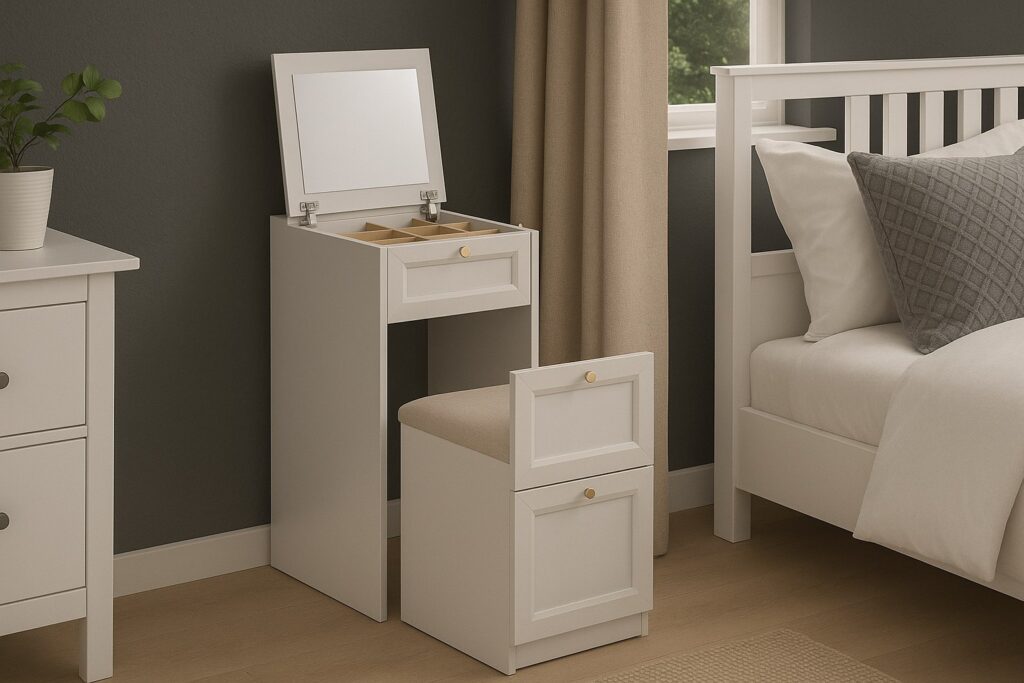 Narrow Dressing Table Stool with Storage Mirror Jewellery Box Small White Vanity Desk 50cm Unit Gold Handles - Rel