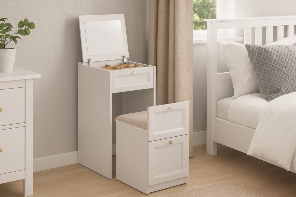 Narrow Dressing Table Stool with Storage Mirror Jewellery Box Small White Vanity Desk 50cm Unit Gold Handles - Rel