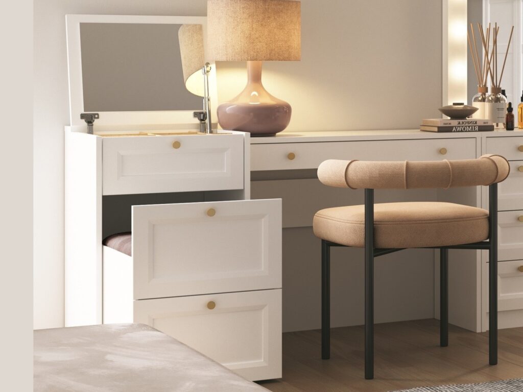 Narrow Dressing Table Stool with Storage Mirror Jewellery Box Small White Vanity Desk 50cm Unit Gold Handles - Rel