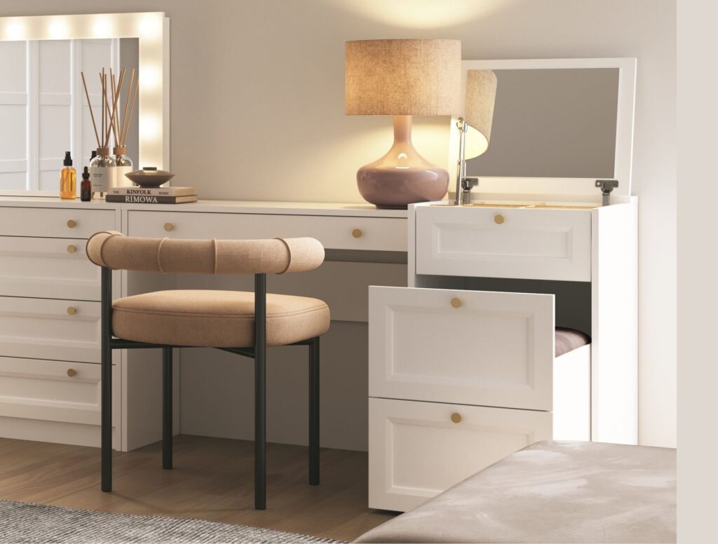 Narrow Dressing Table Stool with Storage Mirror Jewellery Box Small White Vanity Desk 50cm Unit Gold Handles - Rel