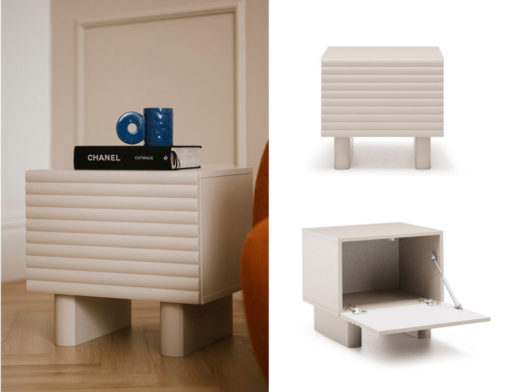 Beige Bedside Table Ribbed Fluted Cashmere Nightstand Cabinet with Storage – Toyo