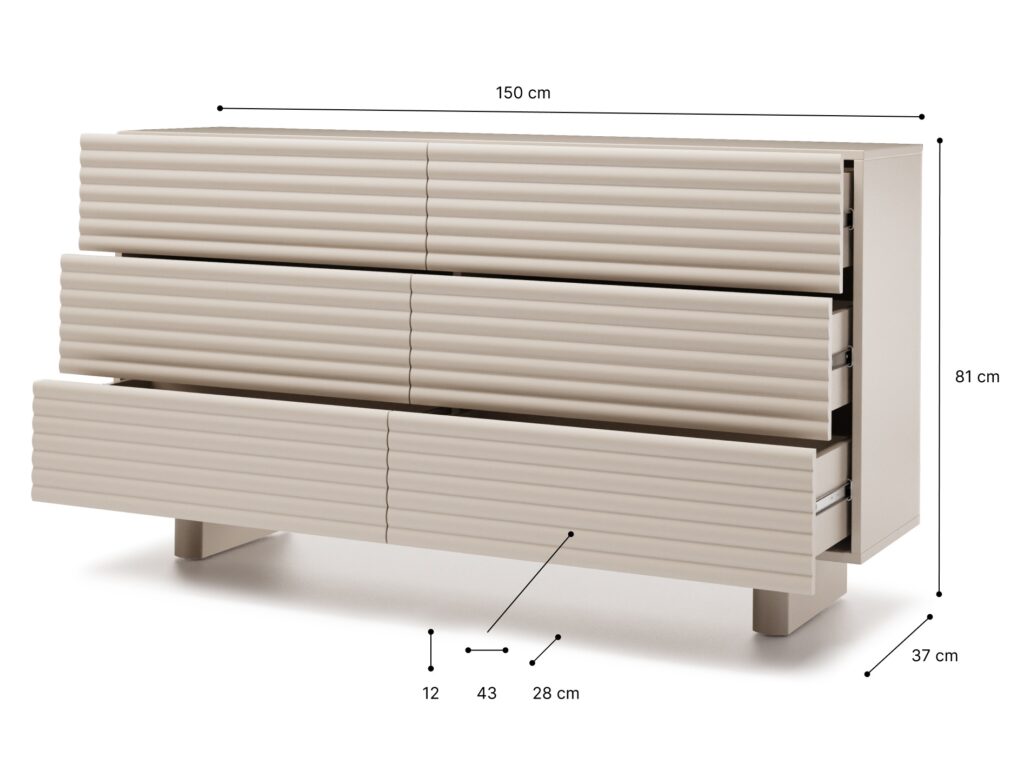 Large Chest of Drawers 6 Drawer Fluted Ribbed Cashmere Beige Bedroom Living Room Storage Sideboard - Toyo