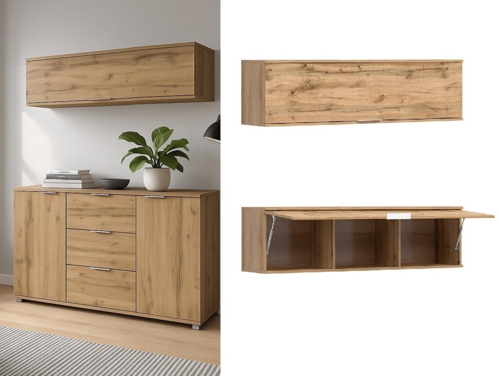 Wall Mounted Cabinet Living Room Wall Hanging Lounge Storage Unit 1 Lift Up Door Modern Oak Effect - Zele