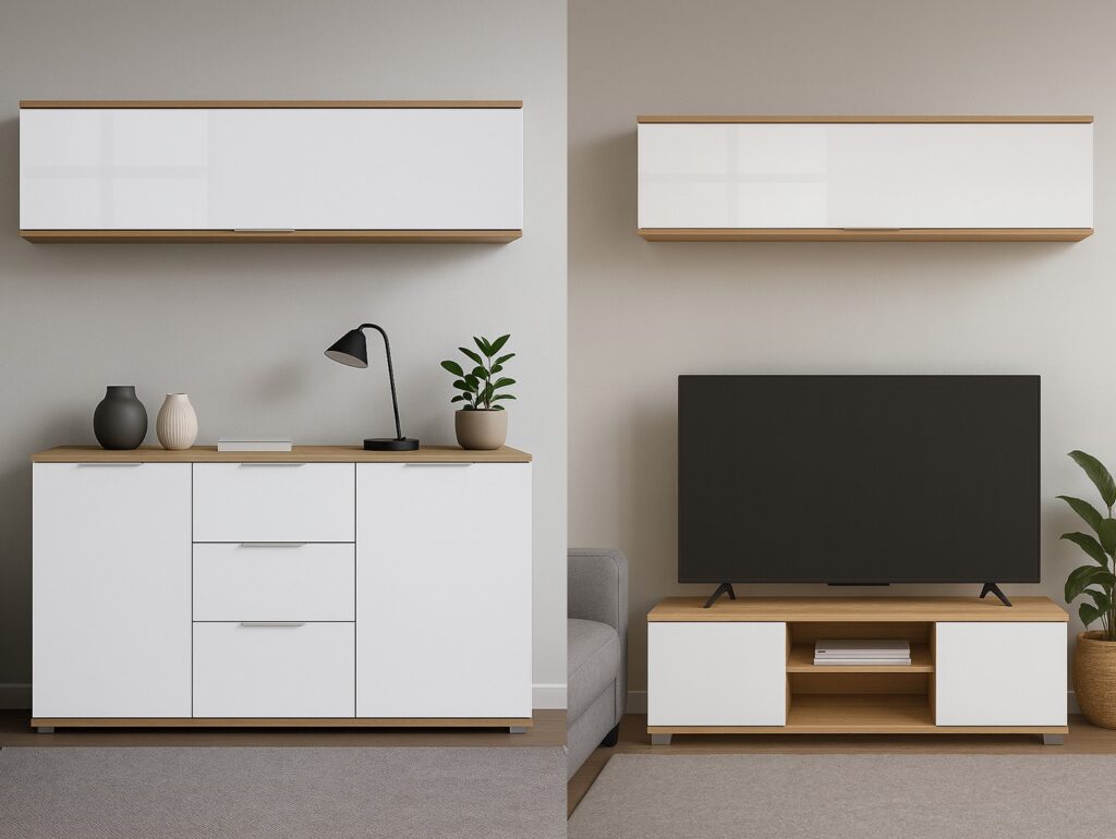 Wall Mounted Cabinet Living Room Wall Hanging Unit Modern Lift Up Door Storage White Gloss and Oak Effect - Zele