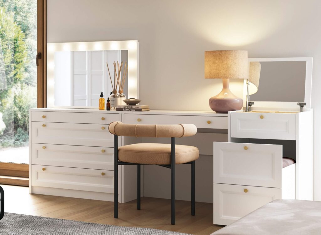 Narrow Dressing Table Stool with Storage Mirror Jewellery Box Small White Vanity Desk 50cm Unit Gold Handles - Rel