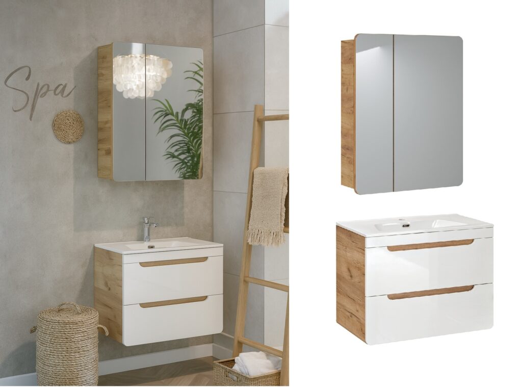 Bathroom Sink Unit with Drawers 600mm Mirror Cabinet Wall Storage White Gloss Oak Aruba