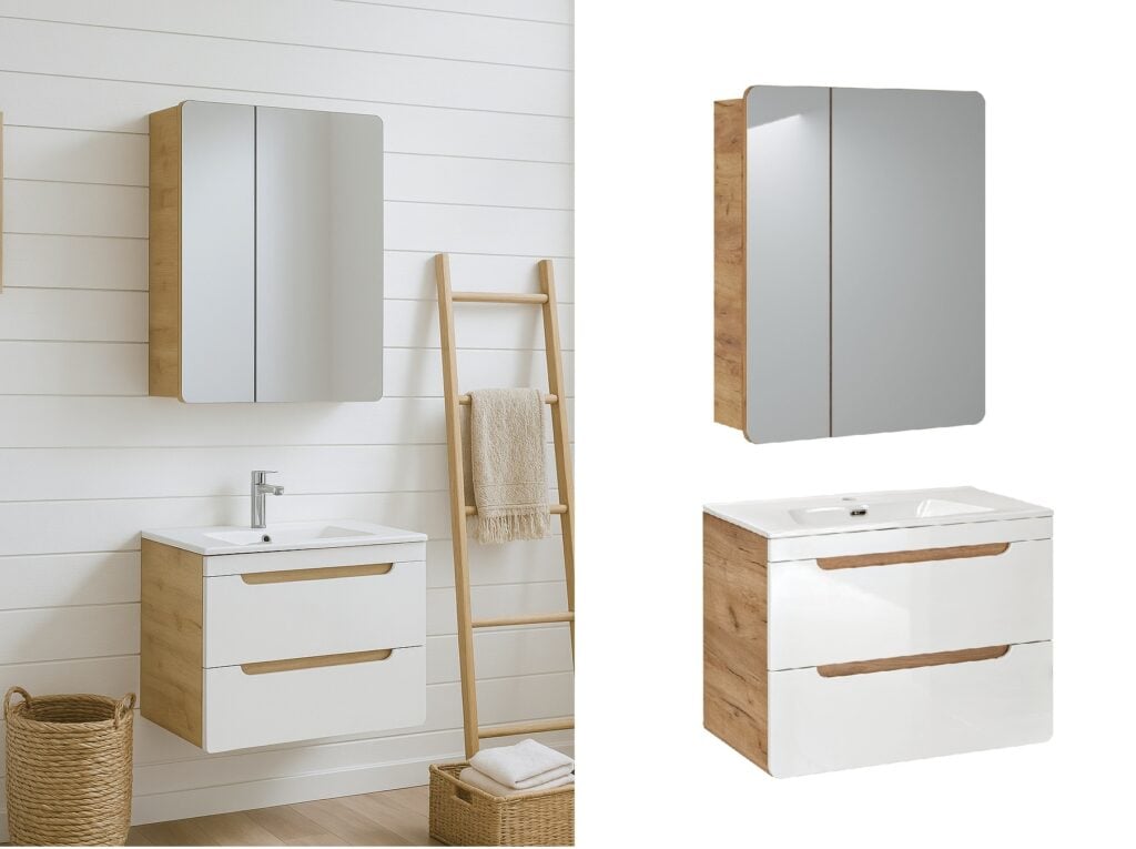 Bathroom Sink Unit with Drawers 600mm Mirror Cabinet Wall Storage White Gloss Oak Aruba