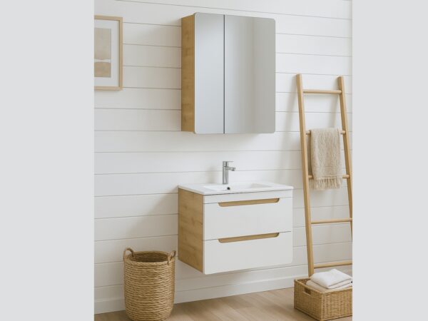 600mm vanity unit with sink and bathroom mirror cabinet wall storage aruba oak white gloss 5