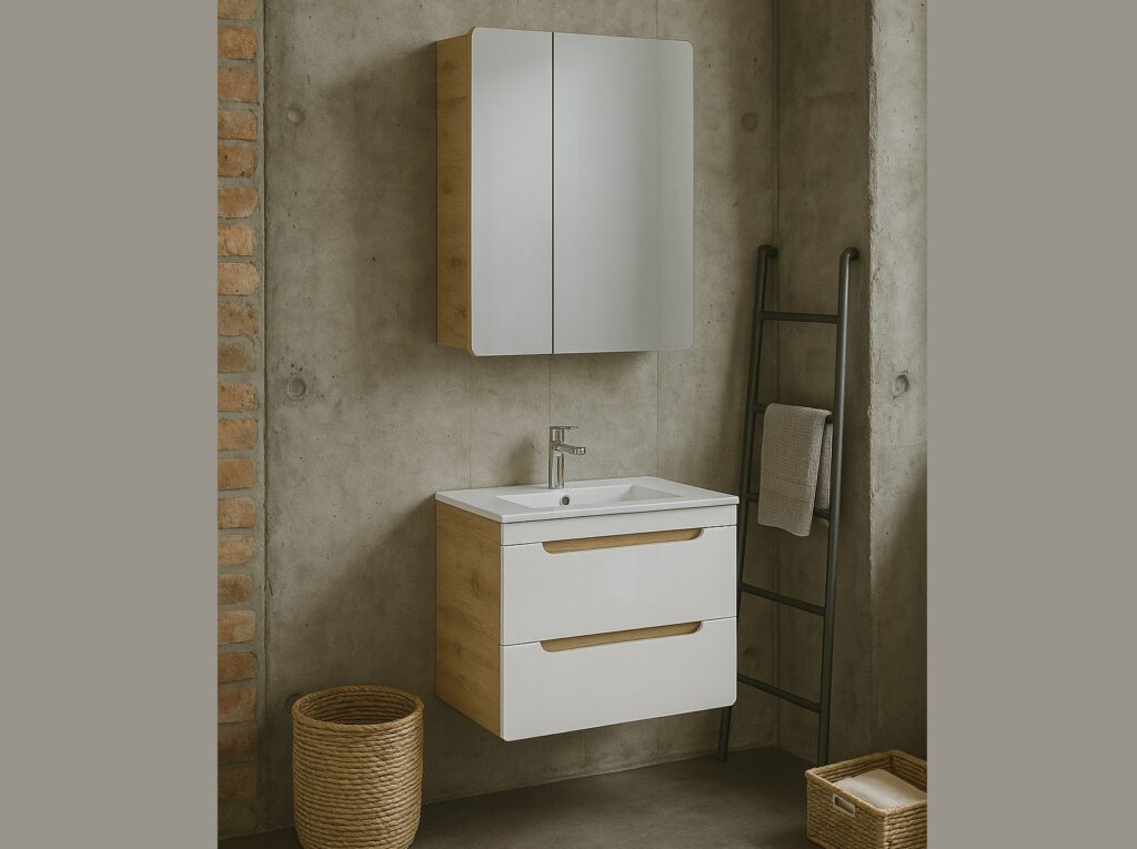 Bathroom Sink Vanity Unit 600mm with Mirror Wall Storage Furniture Set White Gloss Oak Aruba