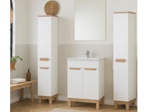 Tall Slim Bathroom Laundry Cabinet Storage Unit 600mm Vanity and Sink Set White Gloss and Oak