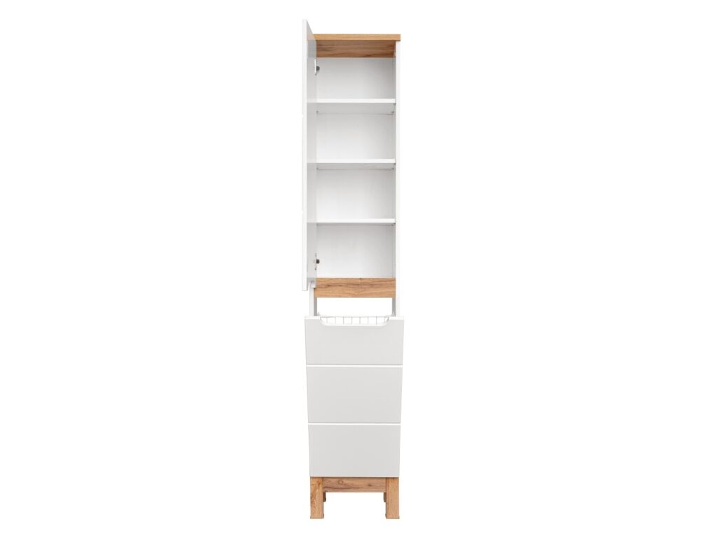 Laundry Unit Tall Slim Bathroom Storage Cabinet Two Door Freestanding Unit White Gloss and Oak - Bali