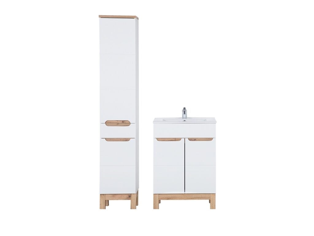 Bathroom Cabinets with Sink Freestanding 600mm Vanity Unit Inset Sink Tall Slim Unit White Gloss Oak Effect - Bali