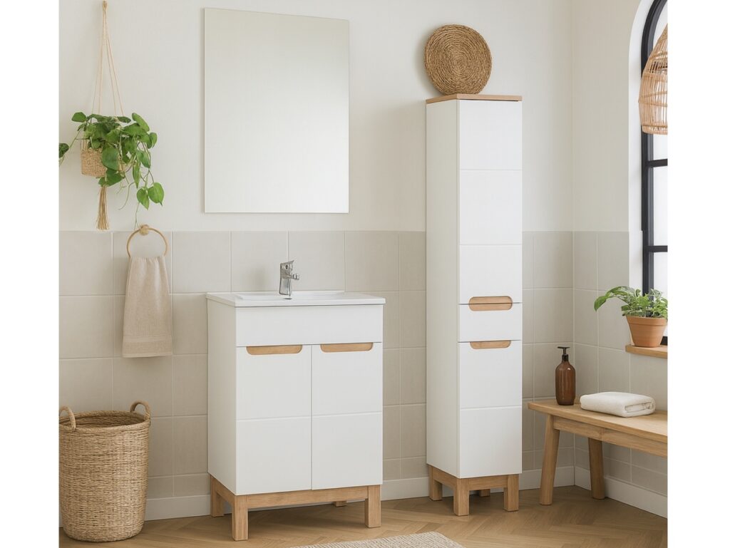 Bathroom Cabinets with Sink Freestanding 600mm Vanity Unit Inset Sink Tall Slim Unit White Gloss Oak Effect - Bali