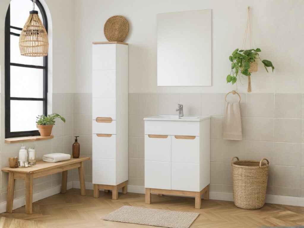 Bathroom Cabinets with Sink Freestanding 600mm Vanity Unit Inset Sink Tall Slim Unit White Gloss Oak Effect - Bali