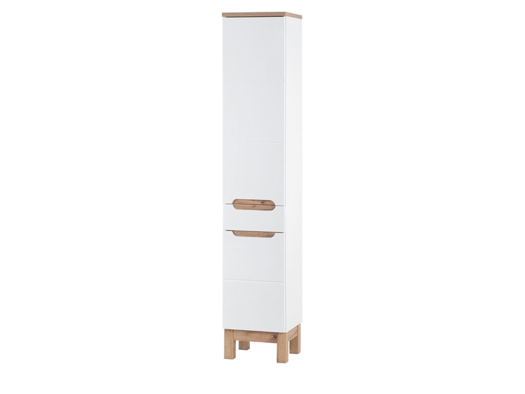Tall Bathroom Storage Cabinet Two Door One Drawer Tall Slim Bathroom Cabinet White Gloss and Oak - Bali