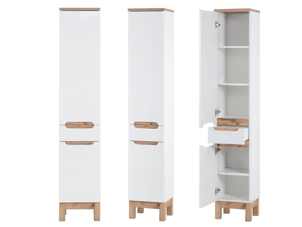 Bathroom Storage 600mm Vanity Sink Basin Laundry Cabinet Slim Tall Storage Unit White Gloss Oak Effect - Bali