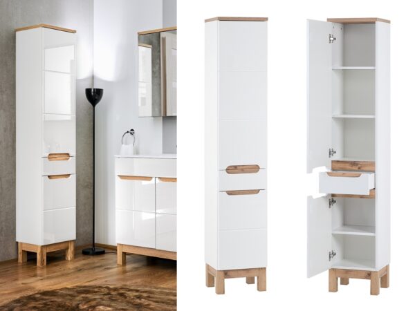 Tall Bathroom Storage Cabinet Tall Slim Bathroom Cabinet White Gloss and Oak - Bali COLLAGE 2