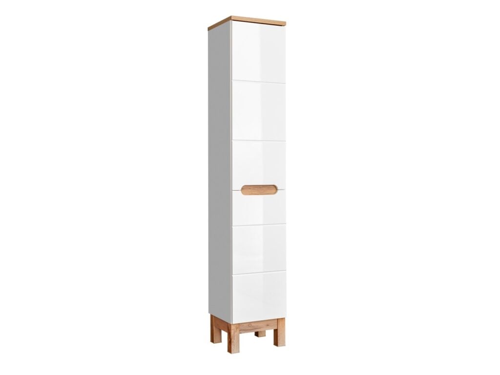 Laundry Unit Tall Slim Bathroom Storage Cabinet Two Door Freestanding Unit White Gloss and Oak - Bali