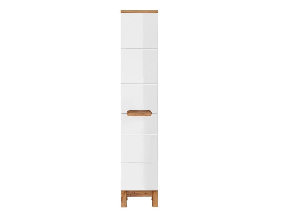 Laundry Unit Tall Slim Bathroom Storage Cabinet Two Door Freestanding Unit White Gloss and Oak - Bali