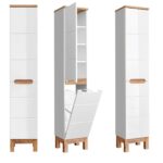 Tall Bathroom Storage Cabinet Tall Slim Laundry Basket Unit White Gloss and Oak - Bali collage 2