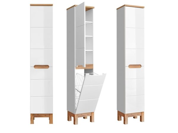 Tall Bathroom Storage Cabinet Tall Slim Laundry Basket Unit White Gloss and Oak - Bali collage 2