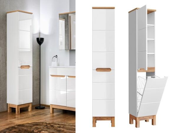 Tall Bathroom Storage Cabinet Tall Slim Laundry Basket Unit White Gloss and Oak - Bali collage
