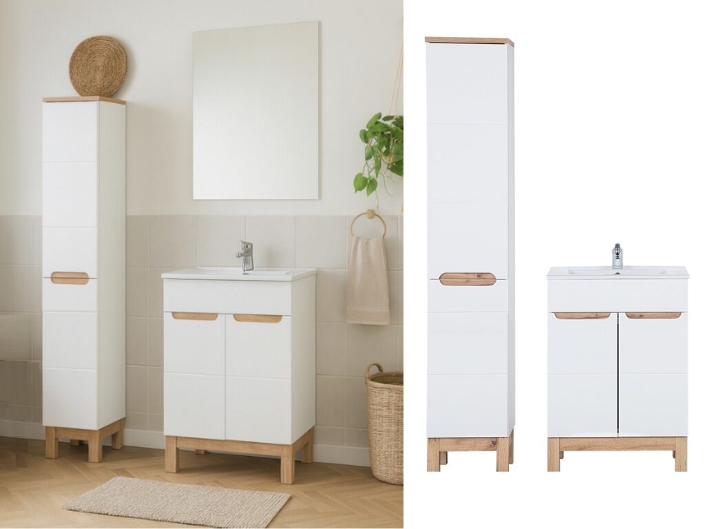 White Bathroom Cabinets Sink Basin 600mm Vanity Unit Inset Sink Tall Laundry Unit White Gloss Oak Effect - Bali