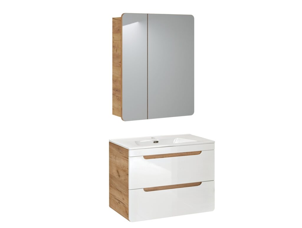 Bathroom Sink Unit with Drawers 600mm Mirror Cabinet Wall Storage White Gloss Oak Aruba