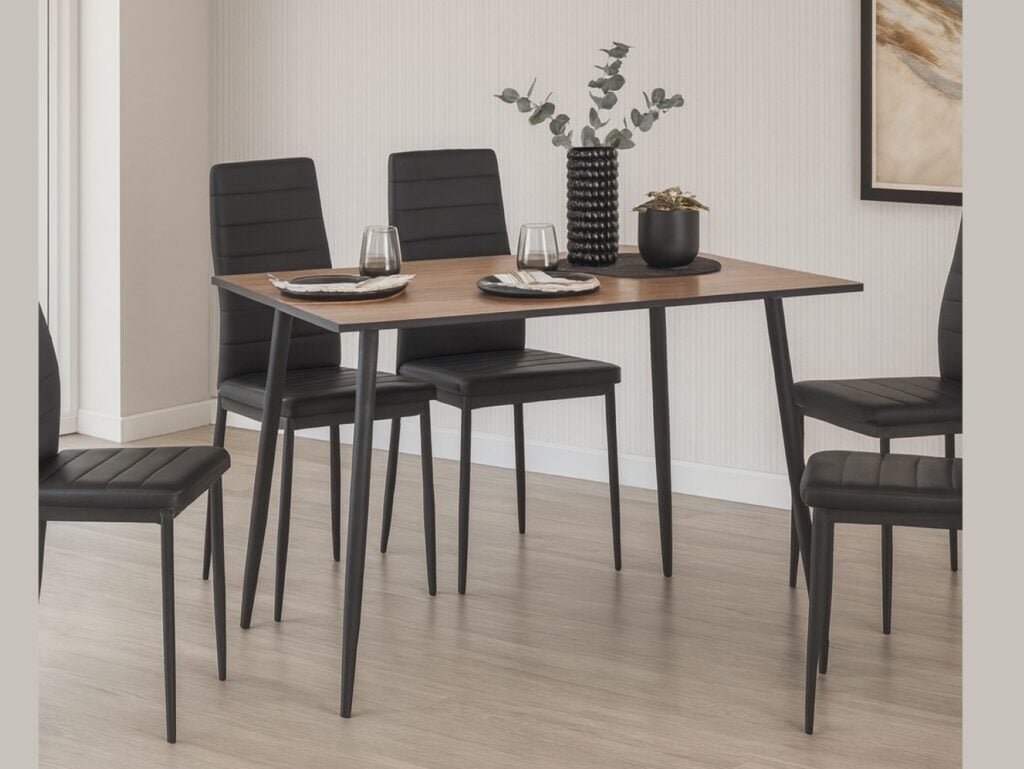 Small Kitchen Table 4 Seater Narrow Dining Table Natural Wood Effect Top Black Legs Scandi Modern – Tom
