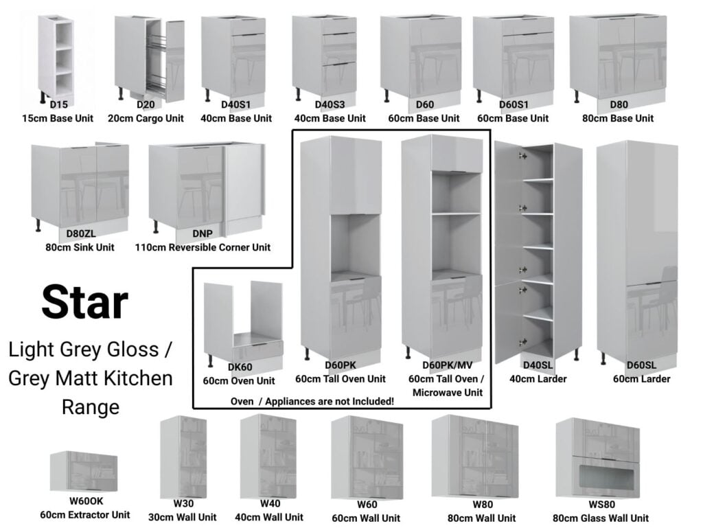 Kitchen Cabinets 9 Unit Set with Oven Housing Slim 40cm Larder Light Grey Gloss - Star