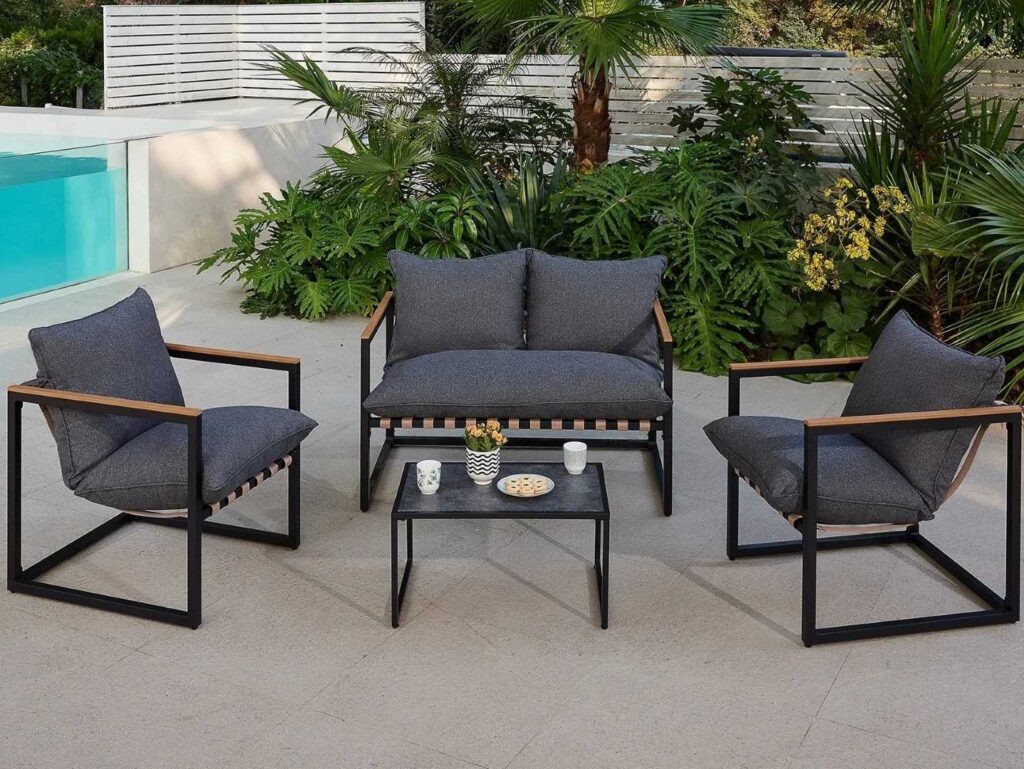 Outdoor Garden Lounge Set 2 Seater Sofa Chairs Coffee Table Grey Cushions 4 Seater Black Furniture - Porto