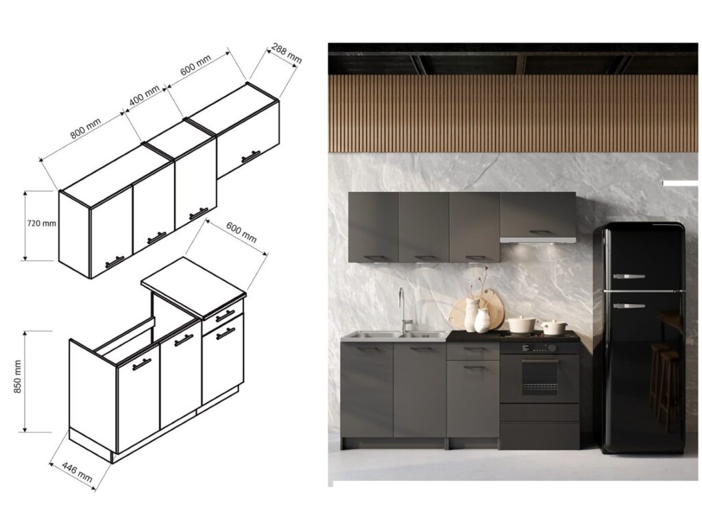 Kitchenette Kitchen Cabinets Black Grey Cupboards with Sit On Sink 5 Unit Fully Fitted Kitchen Package 180cm - Lina