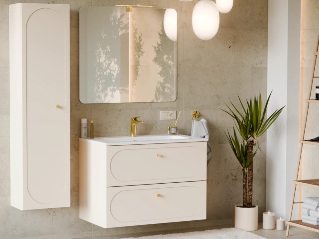 Bathroom Vanity Unit with Sink 600mm Modern Wall Cabinet Floating Soft Close Milled Drawers Beige Cashmere - Donna