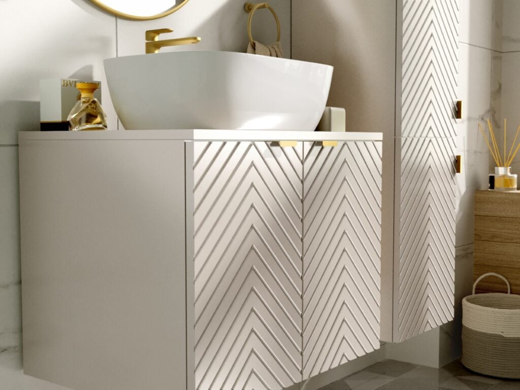 Wall Bathroom Set 600mm Vanity Cabinet and Sink Tall Storage Unit Ribbed Fluted Cashmere Beige White Worktop - Cara