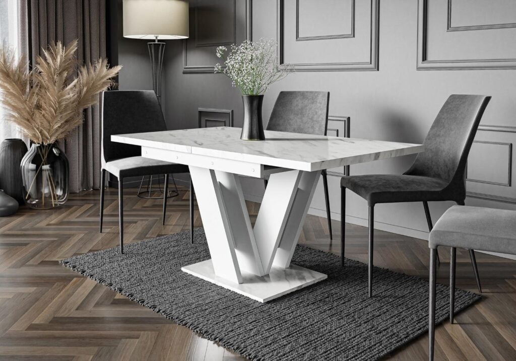 White Marble Dining Table Small Kitchen Table 120-160cm Extending White Marble Effect Top - Masy