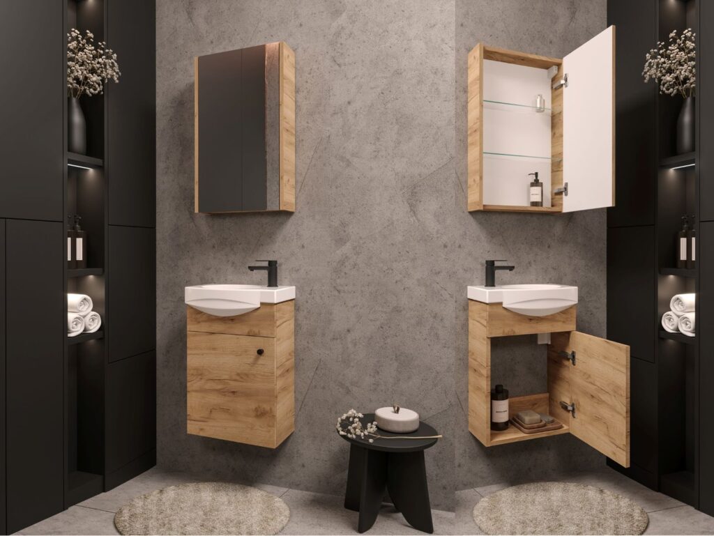 Bathroom Mirror Cabinet Mirrored Small Wall Unit Slimline Cupboard 400mm Storage Gold Craft Oak – Avir