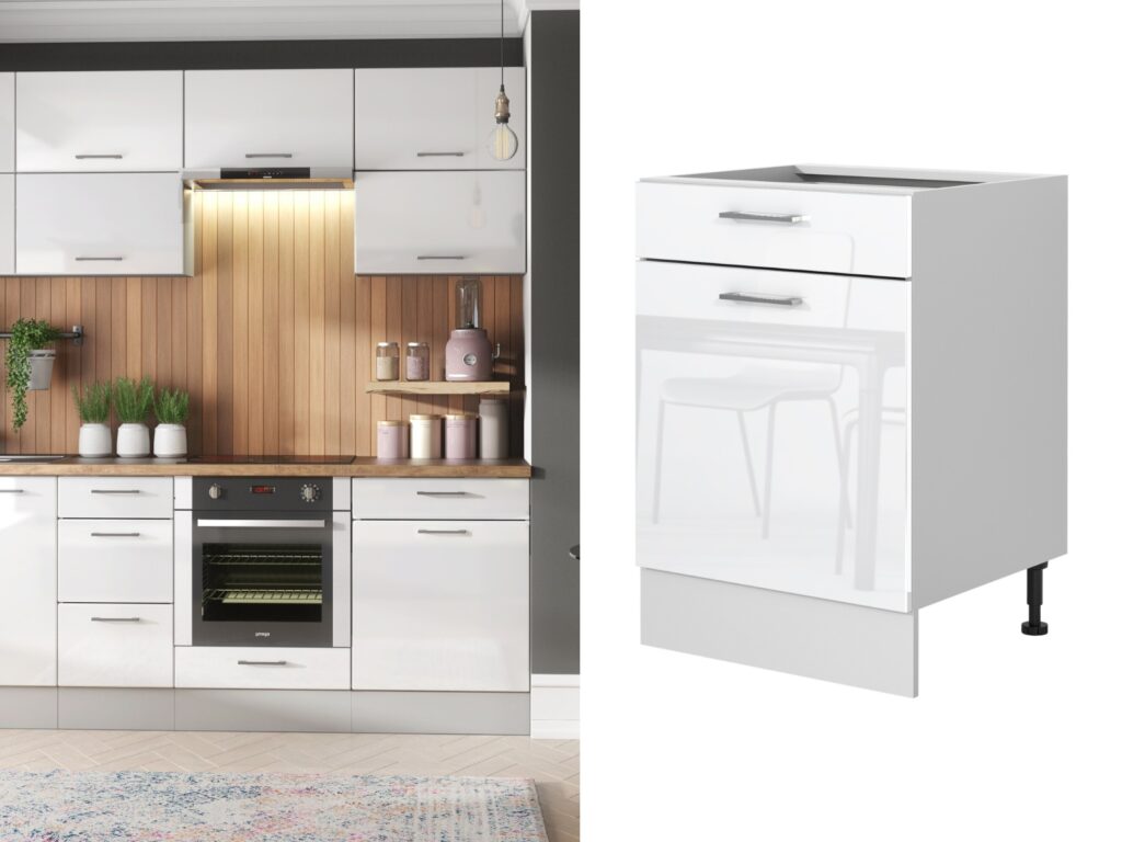 Kitchen Drawer Unit 600mm Cabinet Freestanding Base Storage Cupboard White High Gloss - Ella