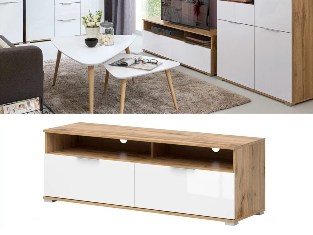 Modern Small TV Stand White Gloss Cabinet with Drawers Oak Unit Oak Media Table - Zele