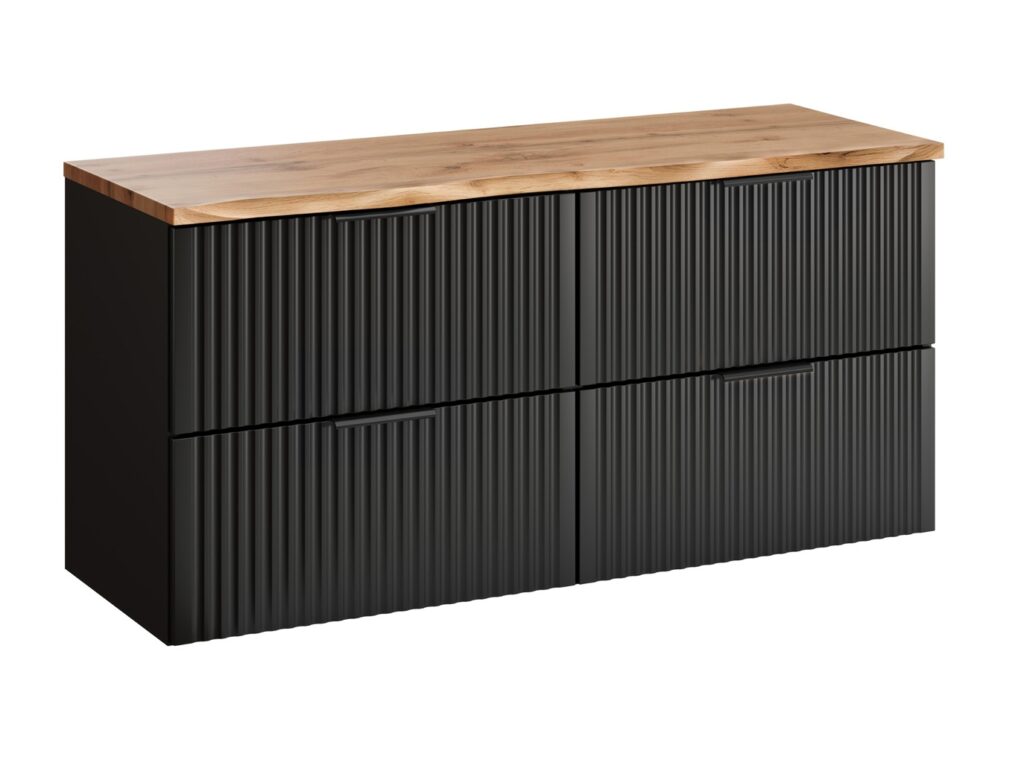 Double Vanity Unit with Basin 1200mm Oak Countertop Black Bathroom Cabinet Fluted Wall Hung Floating Drawers - Adel