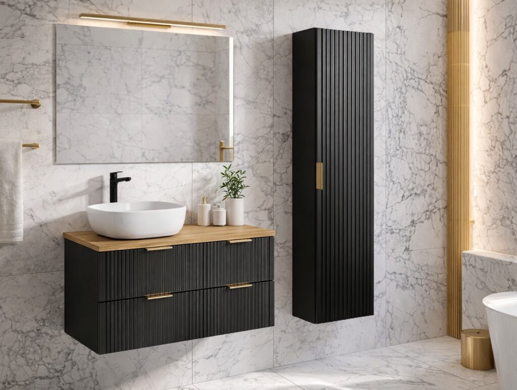 Double Vanity Unit Black Bathroom Cabinet 1200mm Oak Countertop Ribbed Fluted Wall Hung Floating - Adel