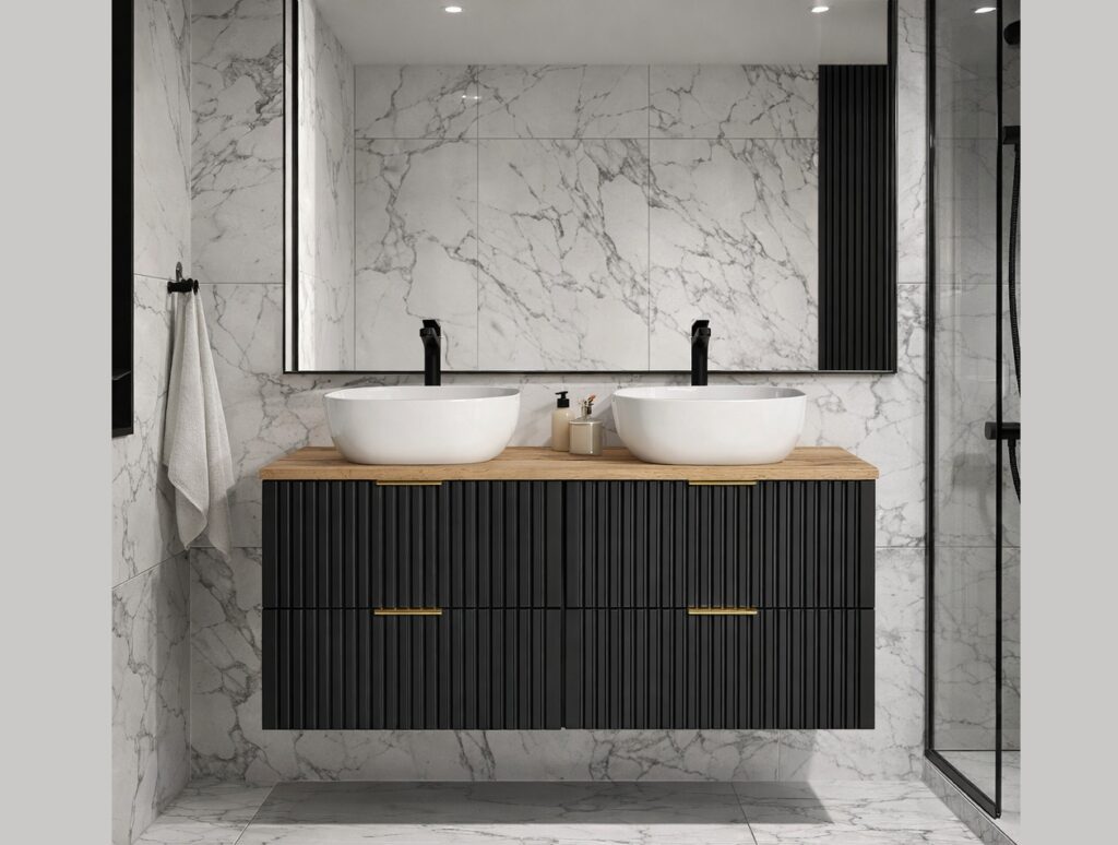 Double Vanity Unit with Basin 1200mm Oak Countertop Black Bathroom Cabinet Fluted Wall Hung Floating Drawers - Adel