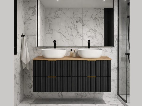 double vanity unit 1200m black wall hung cabinet with sink and drawers oak worktop