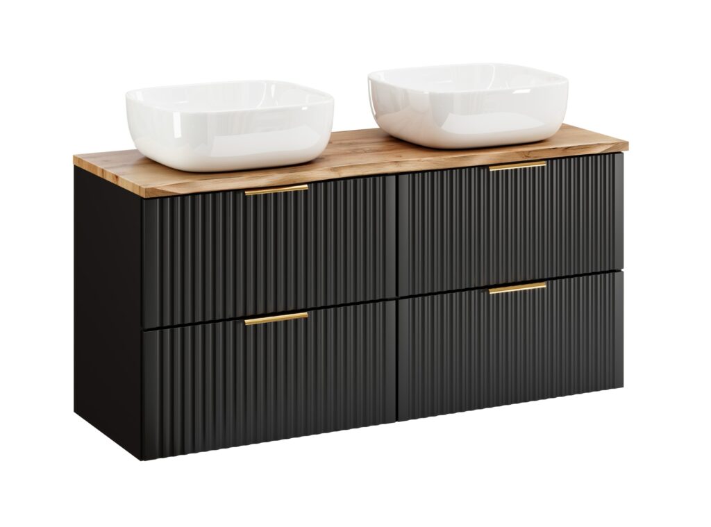 Double Vanity Unit with Basin 1200mm Oak Countertop Black Bathroom Cabinet Fluted Wall Hung Floating Drawers - Adel