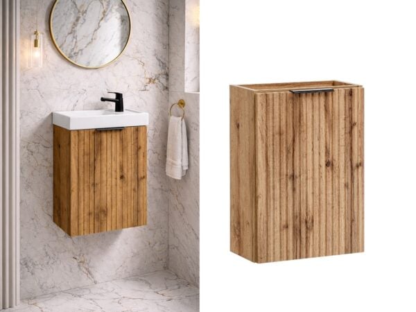 Cloakroom vanity unit wall hung 400mm oak bathroom cabinet fluted ribbed door
