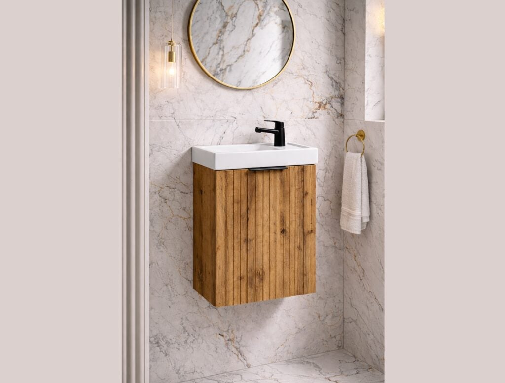 Vanity Unit with Small Sink Slimline Wash Basin Compact Cloakroom Oak Cabinet Ribbed 400mm Wall Mounted - Adel