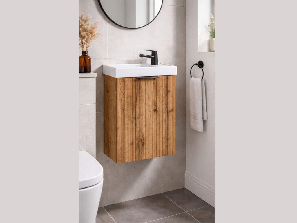 Cloakroom Vanity Unit with Small Sink Wash Basin Slimline Fluted Ribbed Oak  400mm Wall Hung Cabinet - Adel